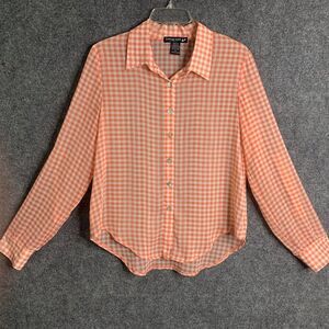 Living Doll Light Weight Semi Sheer Gingham Shirt Roll Tab Sleeve Shell Buttons